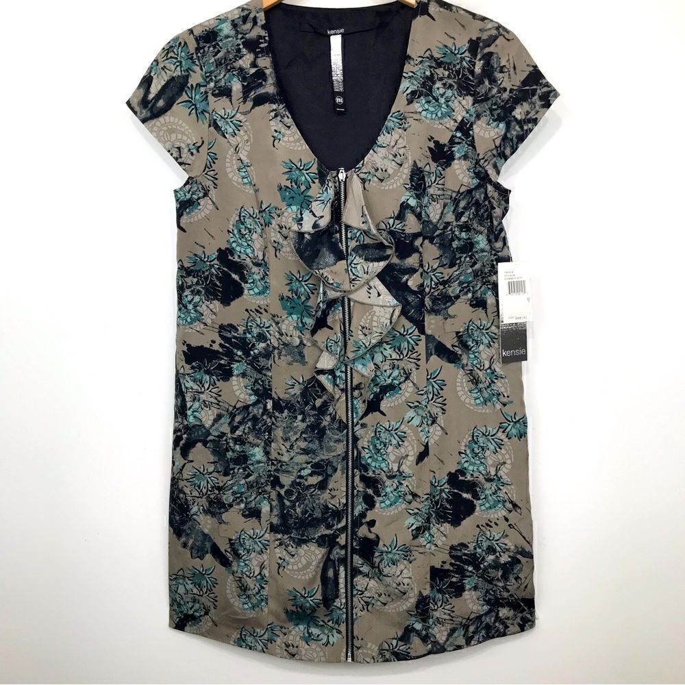 Kensie Romance in the City Taupe Black Floral Front Zip Ruffle Shift Dress